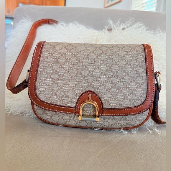 Handbags - Celine Brown & Beige macadam  Leather Trim Crossbody Bag